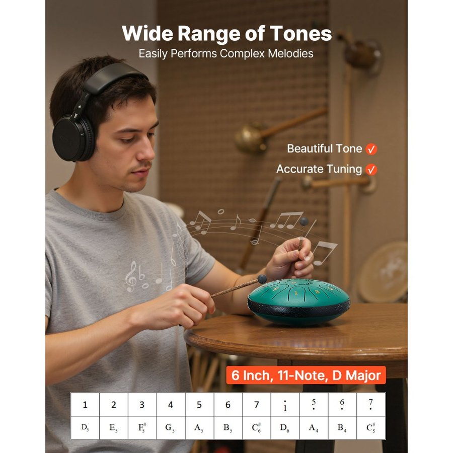 VEVOR Steel Tongue Drum, 16.5cm 11 Notes Rain Drum for Outside Garden, D Major Musical Drums with Music Book & Mallets, Percussion Instrument for Meditation Yoga Beginner Musical Education, Green