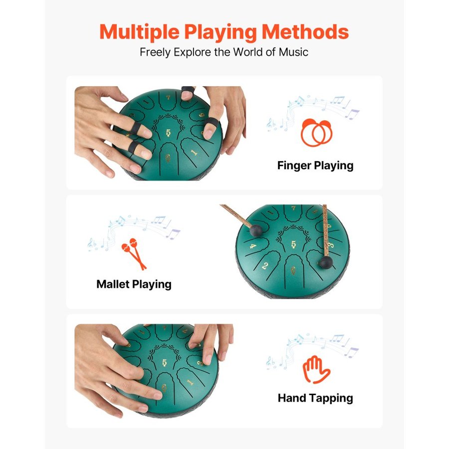 VEVOR Steel Tongue Drum, 16.5cm 11 Notes Rain Drum for Outside Garden, D Major Musical Drums with Music Book & Mallets, Percussion Instrument for Meditation Yoga Beginner Musical Education, Green