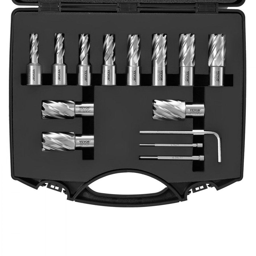 VEVOR Annular Cutter Set, 13 pcs Weldon Shank Mag Drill Bits, 2.5 cm Cutting Depth, 1.1 to 1-2.7 cm Cutting Diameter, M2AL HSS, 2 Pilot Pins, Hex Wrench and Portable Case, for Using with Magnetic Drills