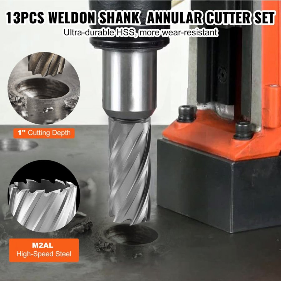 VEVOR Annular Cutter Set, 13 pcs Weldon Shank Mag Drill Bits, 2.5 cm Cutting Depth, 1.1 to 1-2.7 cm Cutting Diameter, M2AL HSS, 2 Pilot Pins, Hex Wrench and Portable Case, for Using with Magnetic Drills