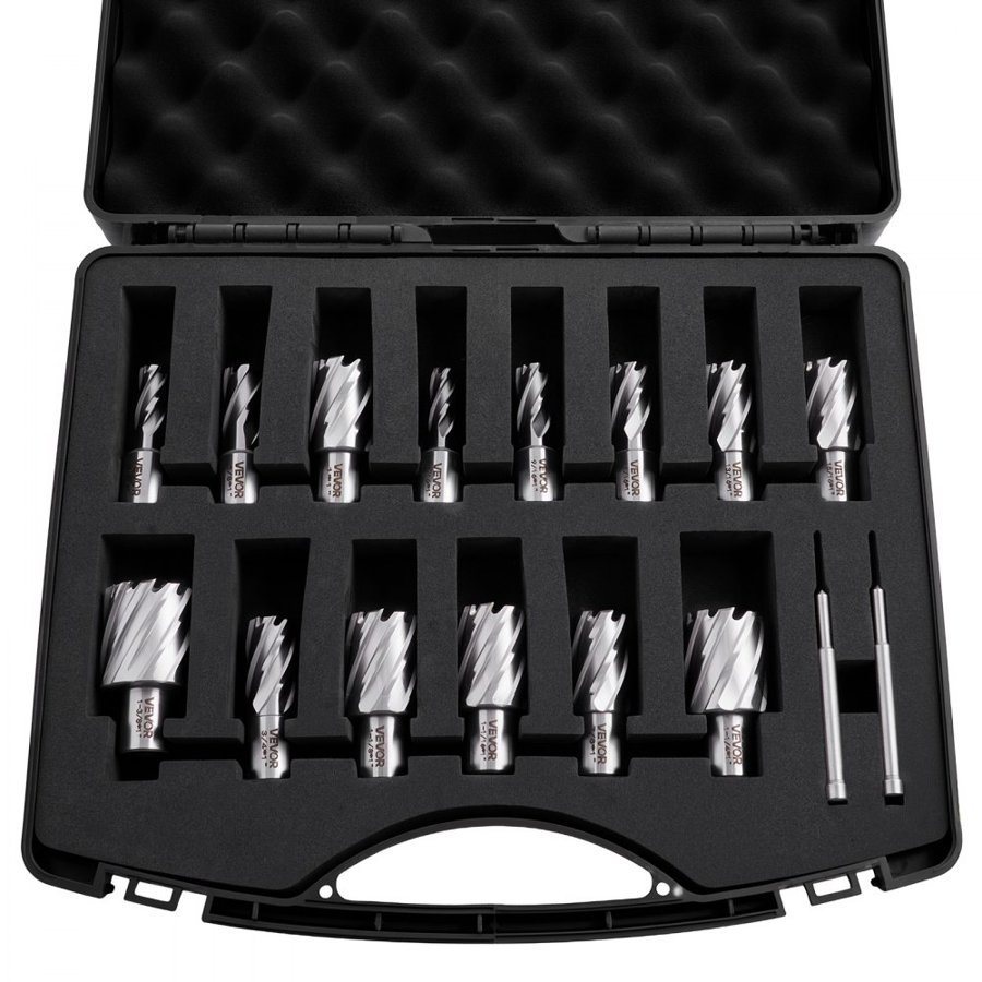 VEVOR Annular Cutter Set, 16 pcs Weldon Shank Mag Drill Bits Kit, 25.4 mm Cutting Depth, 11.11 mm to 34.92 mm Cutting Diameter, HSS, 14 Drill Bits with 2 Pilot Pins, Plastic Case, for Magnetic Drills