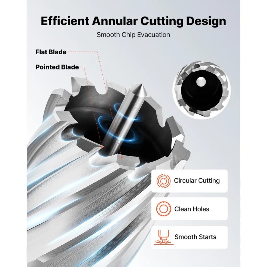 VEVOR Annular Cutter Set, 16 pcs Weldon Shank Mag Drill Bits Kit, 25.4 mm Cutting Depth, 11.11 mm to 34.92 mm Cutting Diameter, HSS, 14 Drill Bits with 2 Pilot Pins, Plastic Case, for Magnetic Drills