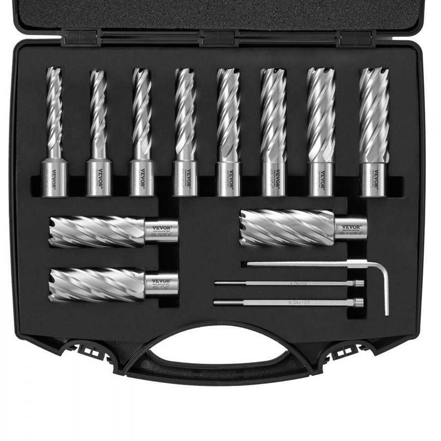 VEVOR Annular Cutter Set, 13 pcs Weldon Shank Mag Drill Bits, 5.1 cm Cutting Depth, 1.1 to 1-2.7 cm Cutting Diameter, M2AL HSS, with 2 Pilot Pins, Hex Wrench and Portable Case, for Using with Magnetic Dr