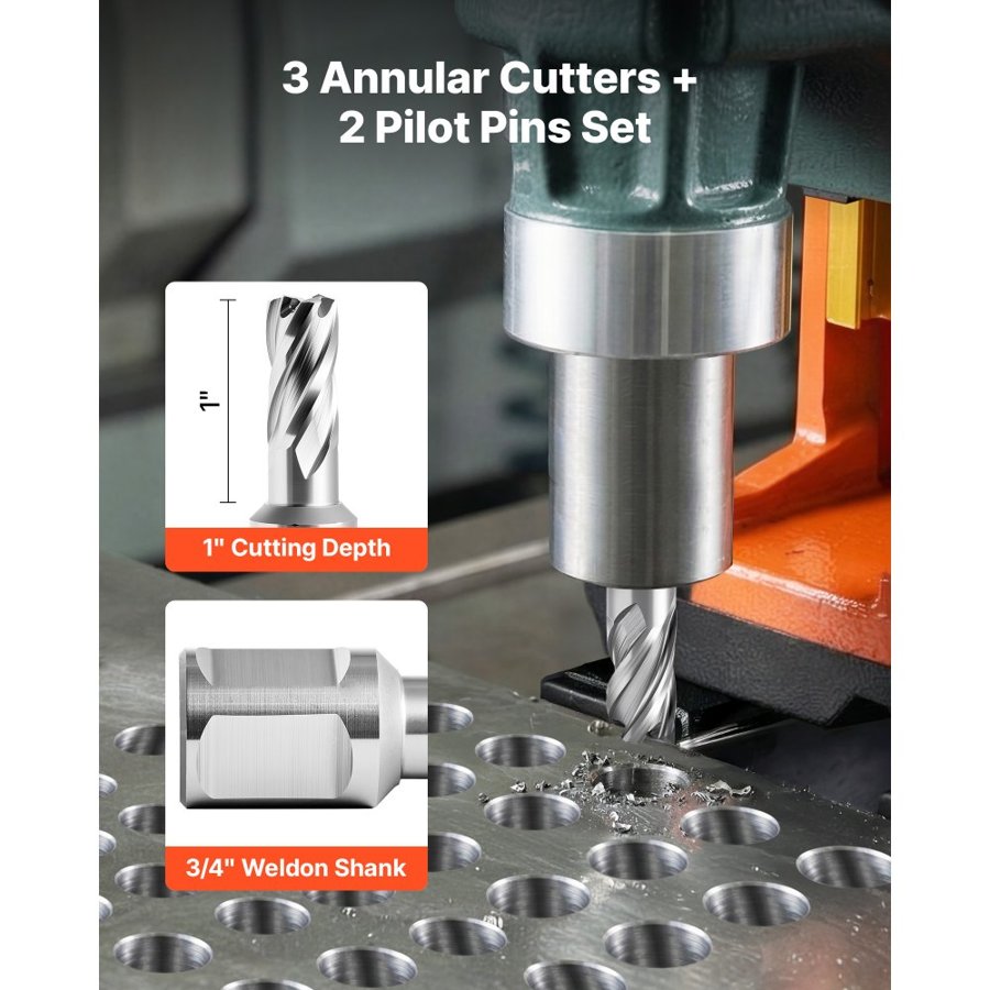 VEVOR Annular Cutter Set, 5 pcs Weldon Shank Mag Drill Bits Kit, 25.4 mm Cutting Depth, 12.7 mm Cutting Diameter, HSS, 3 Drill Bits with 2 Pilot Pins and 3 Plastic Cases, for Magnetic Drills, Steel