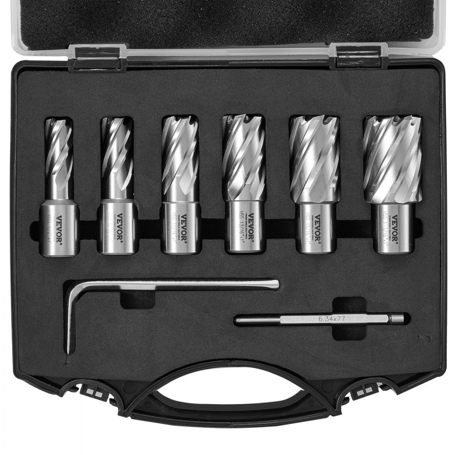 VEVOR Annular Cutter Set, 6 pcs Weldon Shank Mag Drill Bits, 2.5 cm Cutting Depth, 1.27 to 1-2.7 cm Cutting Diameter, M2AL High-Speed Steel, with Pilot Pin and Portable Case, for Using with Magnetic Drills