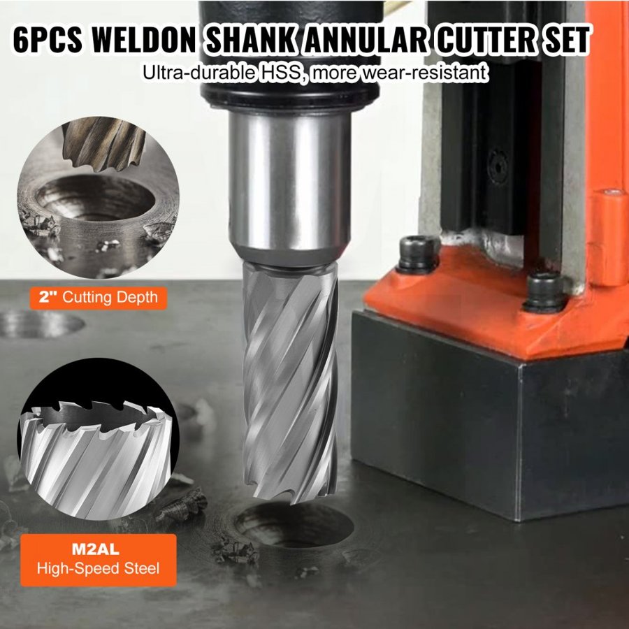 VEVOR Annular Cutter Set, 6 pcs Universal Shank Mag Drill Bits, 5.1 cm Cutting Depth, 2.5 to 5.1 cm Cutting Diameter, M2AL High-Speed Steel, with 2 Pilot Pins and Portable Case, for Using with Magnetic Drills
