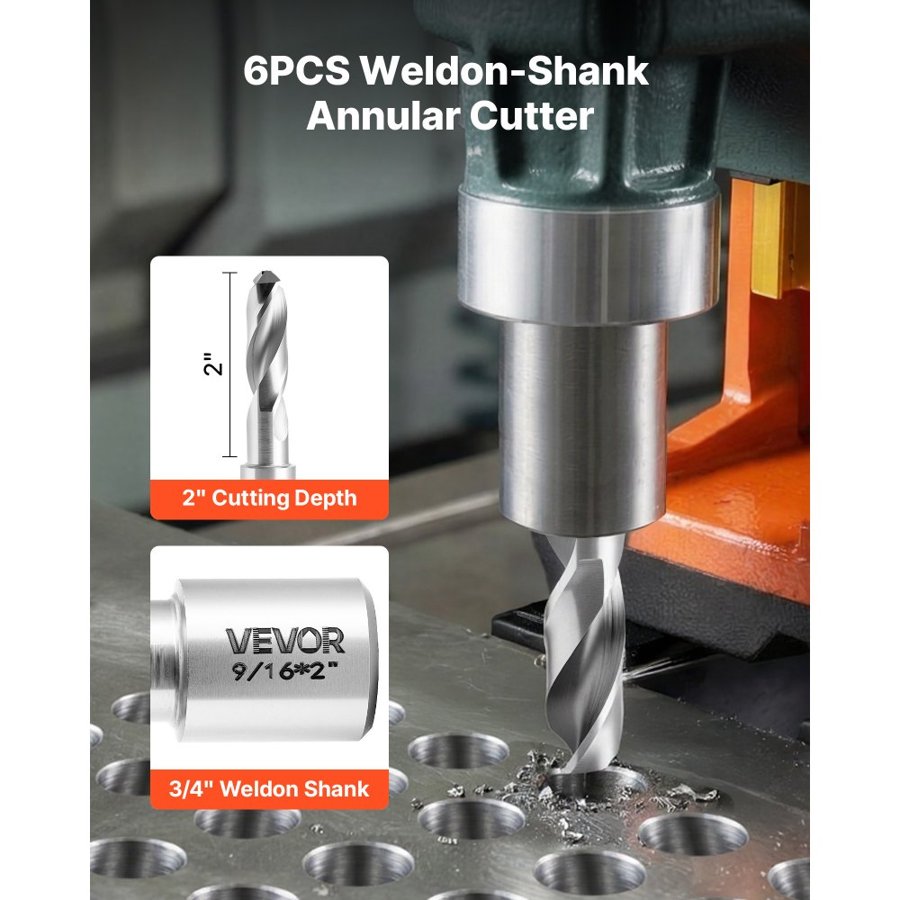 VEVOR Annular Cutter Set – 6 pcs HSS, 3/4" Weldon Shank