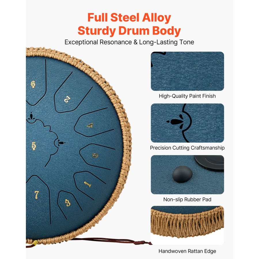 VEVOR Steel Tongue Drum, 30.5cm 13 Notes Rain Drum for Outside Garden, C Major Musical Drums with Music Book & Mallets, Percussion Instrument for Meditation Yoga Beginner Musical Education, Navy Blue