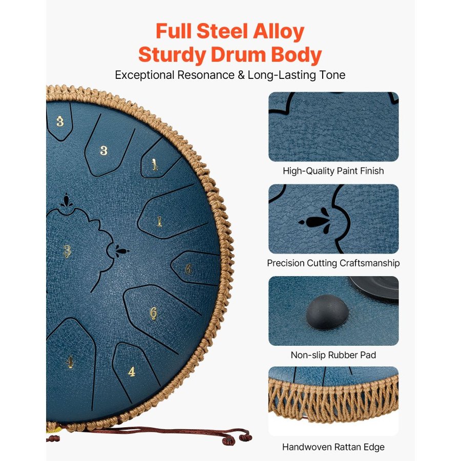 VEVOR Steel Tongue Drum, 33cm 15 Notes Rain Drum for Outside Garden, C Major Musical Drums with Music Book & Mallets, Percussion Instrument for Meditation Yoga Beginner Musical Education, Navy Blue