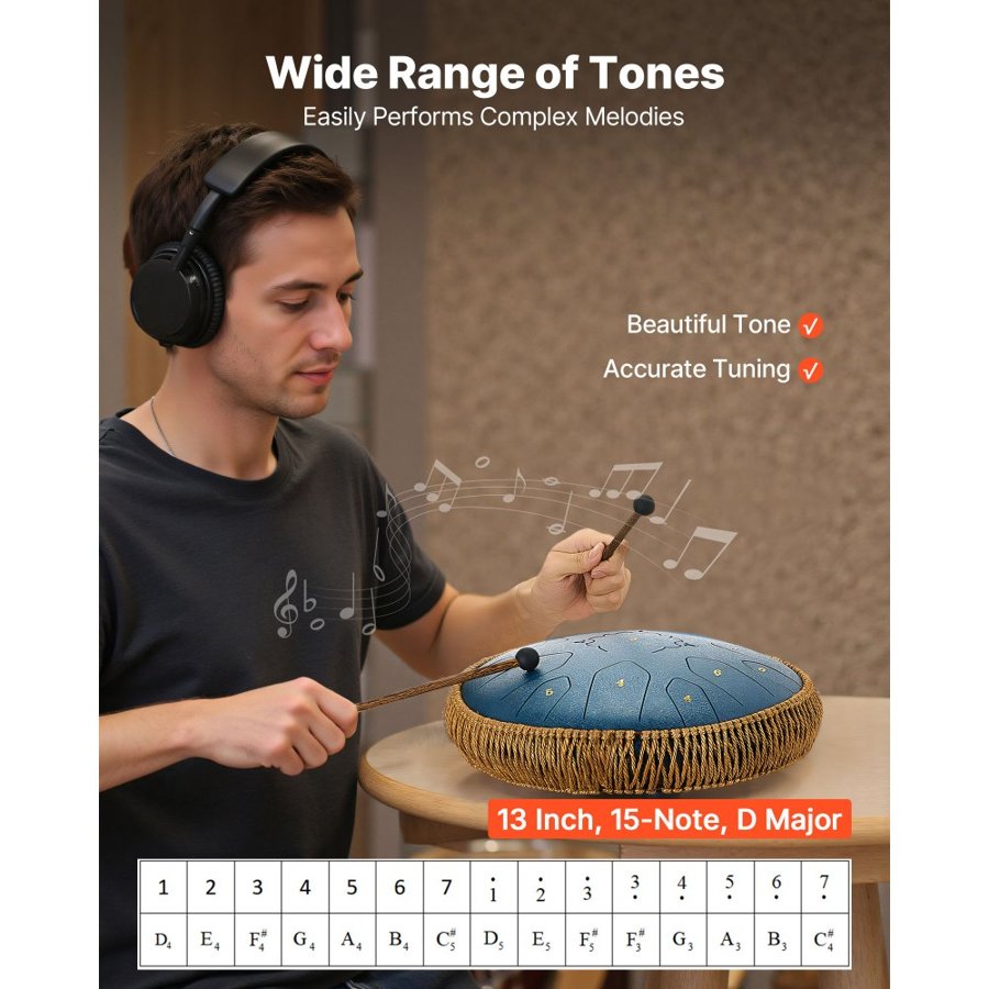 VEVOR Steel Tongue Drum, 33cm 15 Notes Rain Drum for Outside Garden, C Major Musical Drums with Music Book & Mallets, Percussion Instrument for Meditation Yoga Beginner Musical Education, Navy Blue