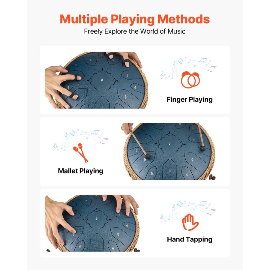 VEVOR Steel Tongue Drum, 33cm 15 Notes Rain Drum for Outside Garden, C Major Musical Drums with Music Book & Mallets, Percussion Instrument for Meditation Yoga Beginner Musical Education, Navy Blue
