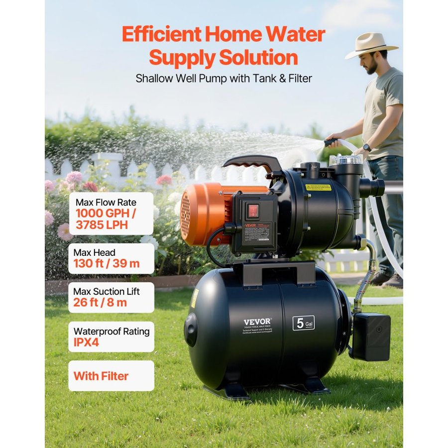 VEVOR 735W Shallow Well Pump with Pressure Tank, 3785 LPH, Irrigation Jet Pump with 19L Tank, Filter, Check Valve, Automatic Water Booster System, 1.4-2.8 bar Pressure Switch, for Home Garden Lawn