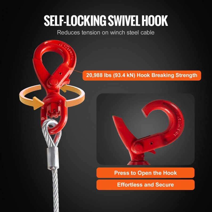 VEVOR Galvanized Steel Winch Cable, 9.5 mm x 22.86 m 6,895 kg Breaking Strength, Wire Winch Rope with Swivel Hook, Towing Cable Heavy Duty, Universal Fit for SUV, Large Off-Road Vehicle, Truck