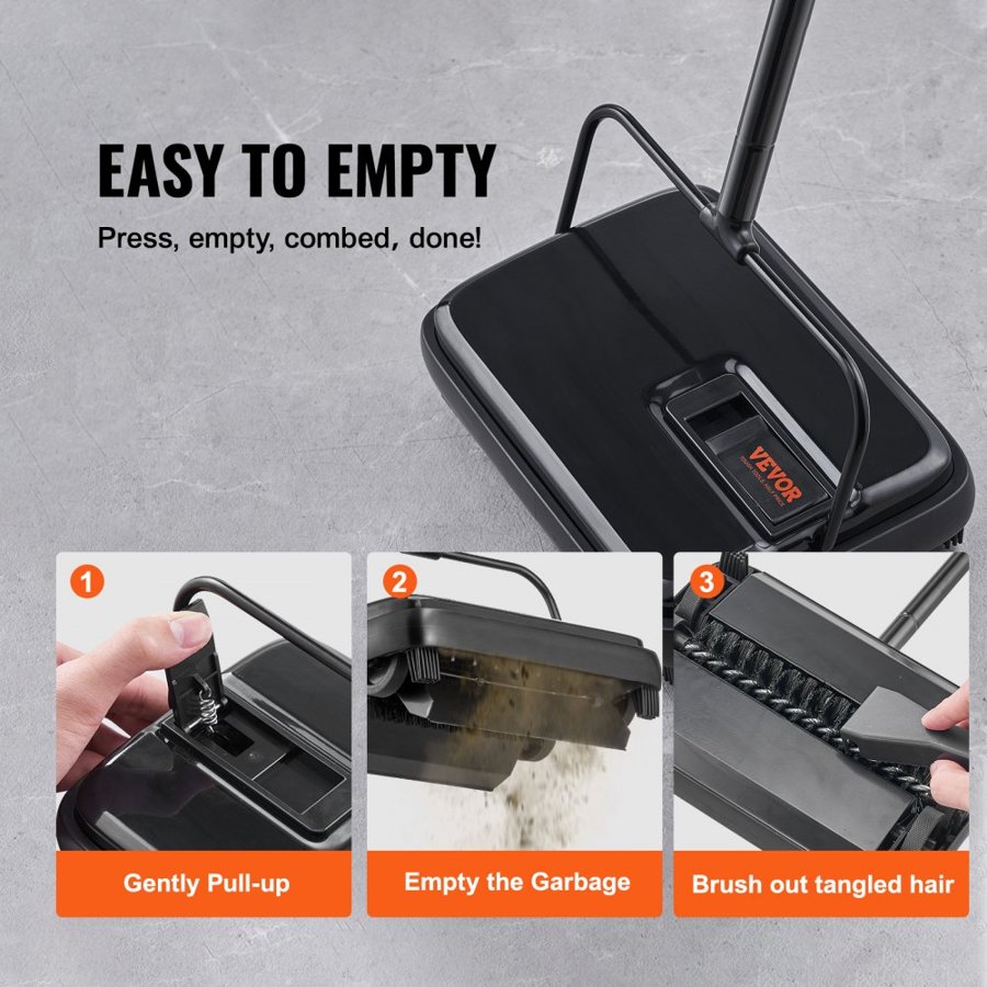 VEVOR Carpet Sweeper, 20 cm Sweeping Paths, Floor Sweeper Manual Non Electric, 300 ml Dustbin Capacity with Comb for Home Office Rugs Hardwood Surfaces Wood Floors Laminate, Cleans Dust Pet Hair
