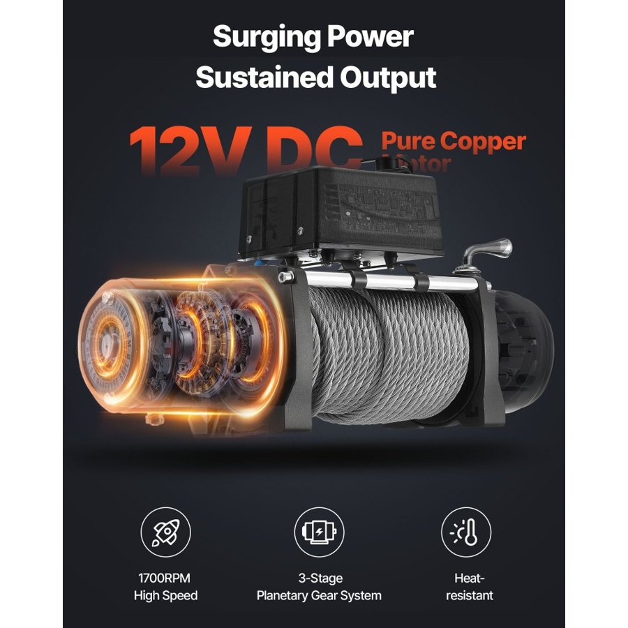 VEVOR 12V DC Electric Winch – 10,000 lbs, 65 ft Steel Rope