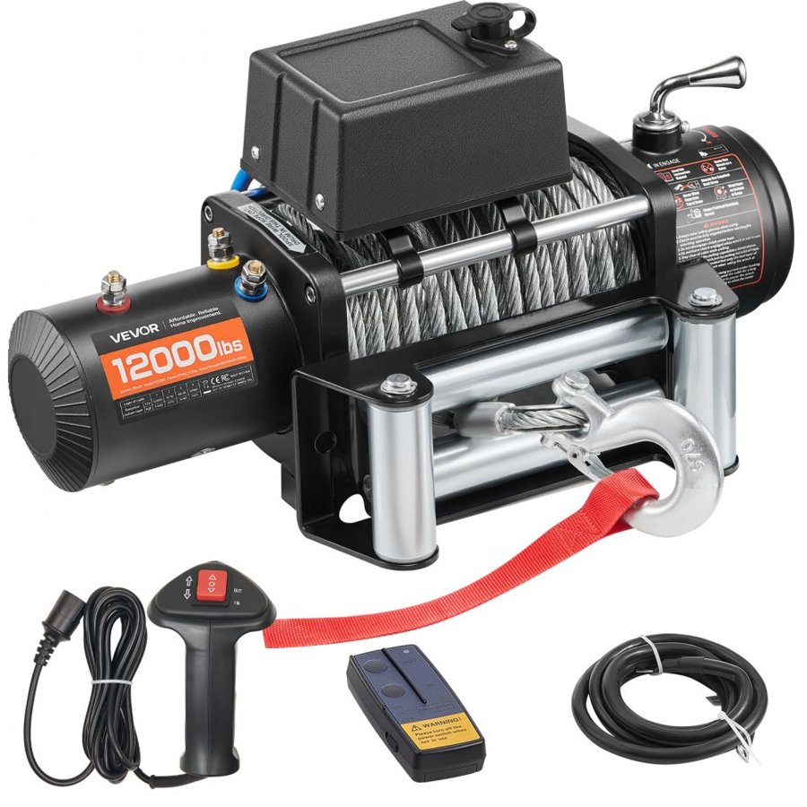 VEVOR 12 000 lb elektriskā vinča 12 V, 85 pēdu tērauda trose, bezvadu