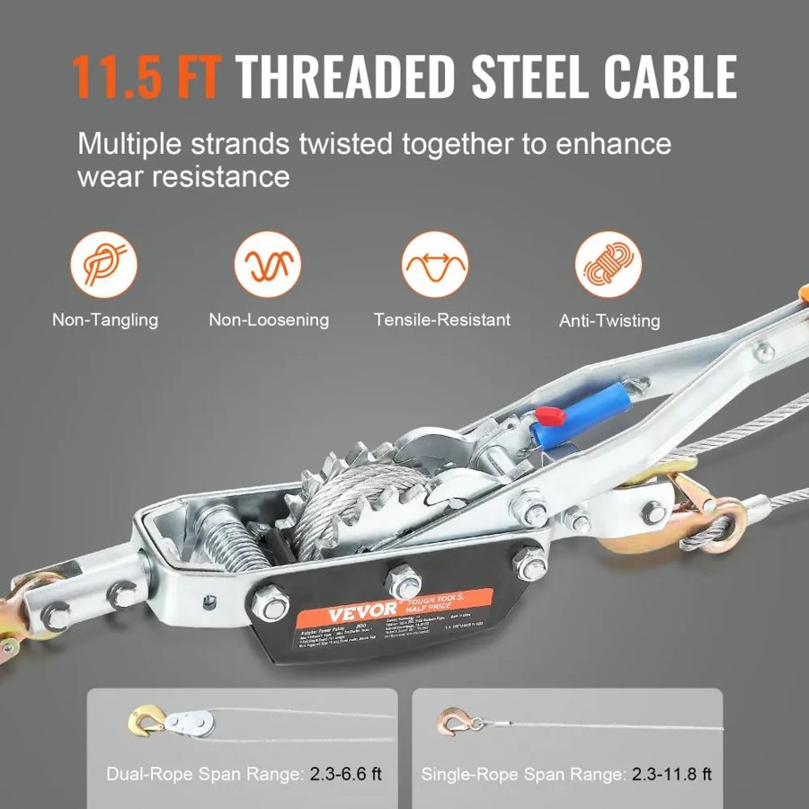VEVOR Come Along Winch, 5 Ton (5,000 kg) Pulling Capacity, 3.5 m Steel Cable, 3 Hooks, Heavy Duty Ratchet Power Puller Tool with Dual Gears, Automotive Hoist Cable Puller Ideal for Vehicle Rescue