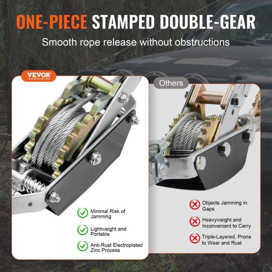 VEVOR Come Along Winch, 2 Ton (4,409 lbs) Pulling Capacity, 12 ft Steel Cable, 2 Hooks, Heavy Duty Ratchet Power Puller Tool with Dual Gears, Automotive Hoist Cable Puller Ideal for Vehicle Rescue