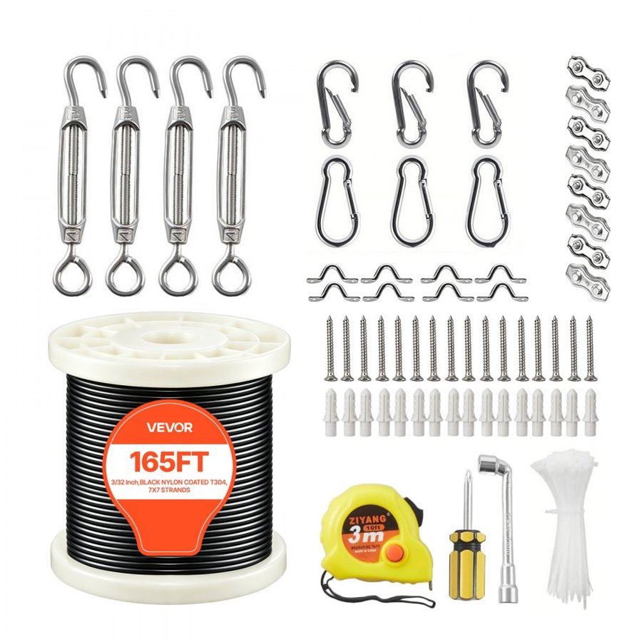 VEVOR 2.38 mm Wire Rope Kit, 50.3 m Length, 304 Stainless Steel Wire Cable, 2 kN Breaking Strength, 7 x 7 Strands Construction, Steel Cable for Deck Railing System, Garden Trellis, String Lights