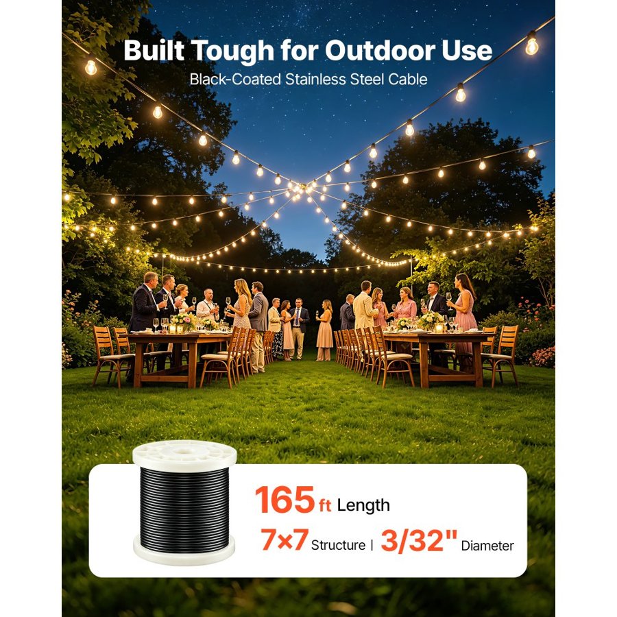 VEVOR 2.38 mm Wire Rope Kit, 50.3 m Length, 304 Stainless Steel Wire Cable, 2 kN Breaking Strength, 7 x 7 Strands Construction, Steel Cable for Deck Railing System, Garden Trellis, String Lights