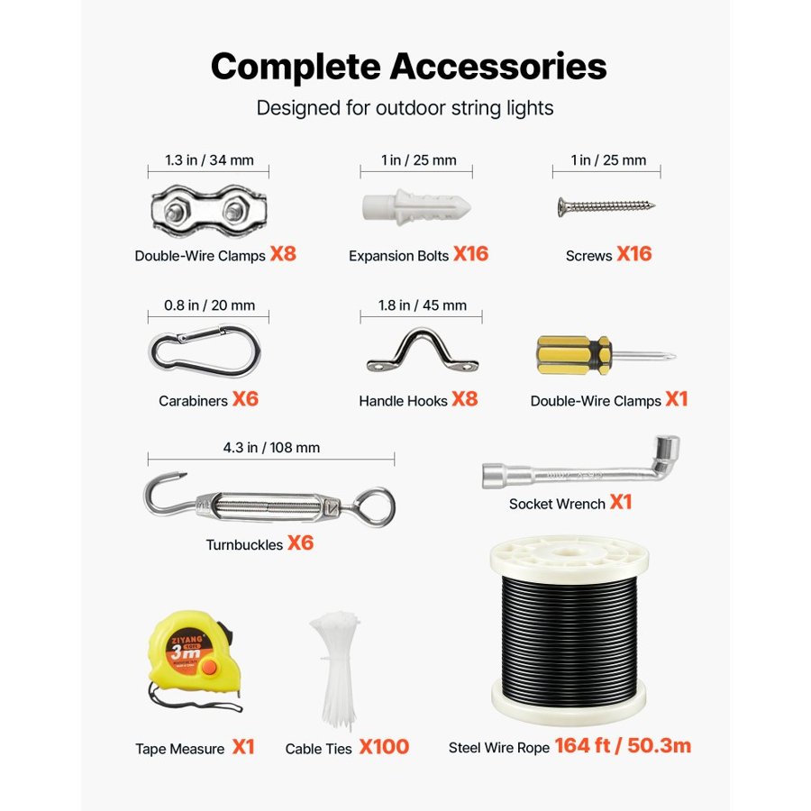 VEVOR 2.38 mm Wire Rope Kit, 50.3 m Length, 304 Stainless Steel Wire Cable, 2 kN Breaking Strength, 7 x 7 Strands Construction, Steel Cable for Deck Railing System, Garden Trellis, String Lights