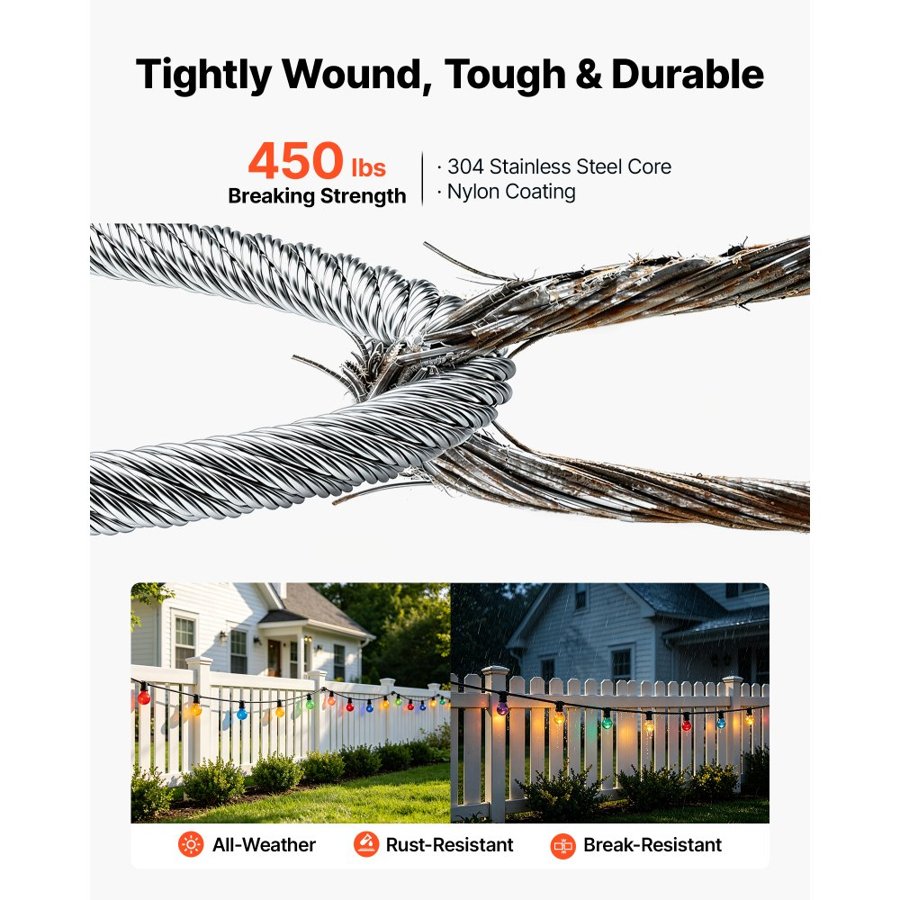 VEVOR 2.38 mm Wire Rope Kit, 50.3 m Length, 304 Stainless Steel Wire Cable, 2 kN Breaking Strength, 7 x 7 Strands Construction, Steel Cable for Deck Railing System, Garden Trellis, String Lights