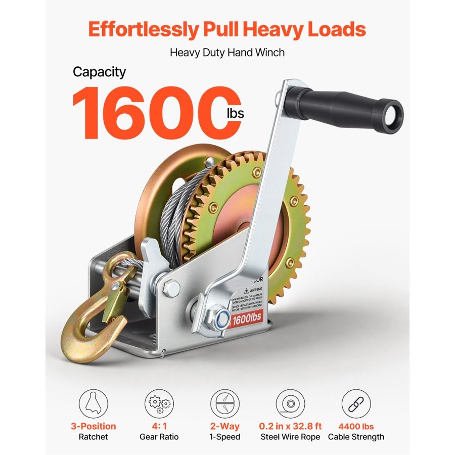 VEVOR Boat Winch, 726 kg Hand Winch, Heavy Duty Manual Rope Crank with 10m Steel Wire, Portable Two-Way Ratchet, Anti-Slip Handle, Easy Installation Gear for Boat Trailer ATV Towing