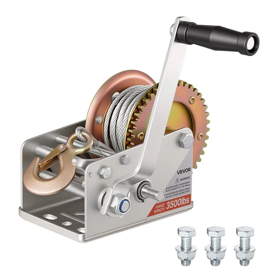 VEVOR Boat Winch, 1588 kg Hand Winch, Heavy Duty Manual Rope Crank with 10m Steel Wire, Portable Two-Way Ratchet, 2 Speed Switchable, Anti-Slip Handle Gear for Boat Trailer ATV Towing