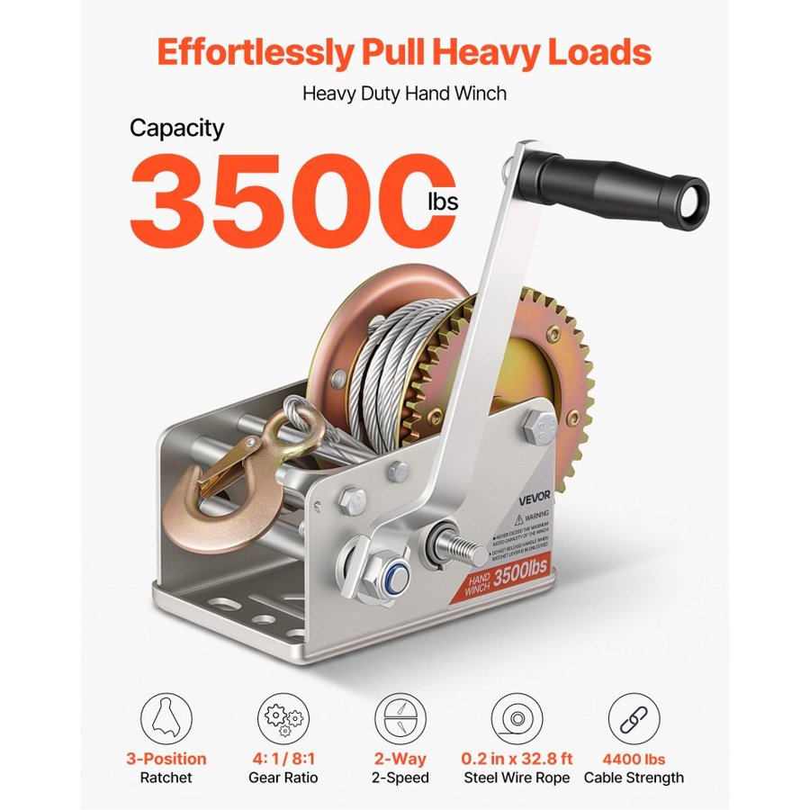 VEVOR Boat Winch, 1588 kg Hand Winch, Heavy Duty Manual Rope Crank with 10m Steel Wire, Portable Two-Way Ratchet, 2 Speed Switchable, Anti-Slip Handle Gear for Boat Trailer ATV Towing