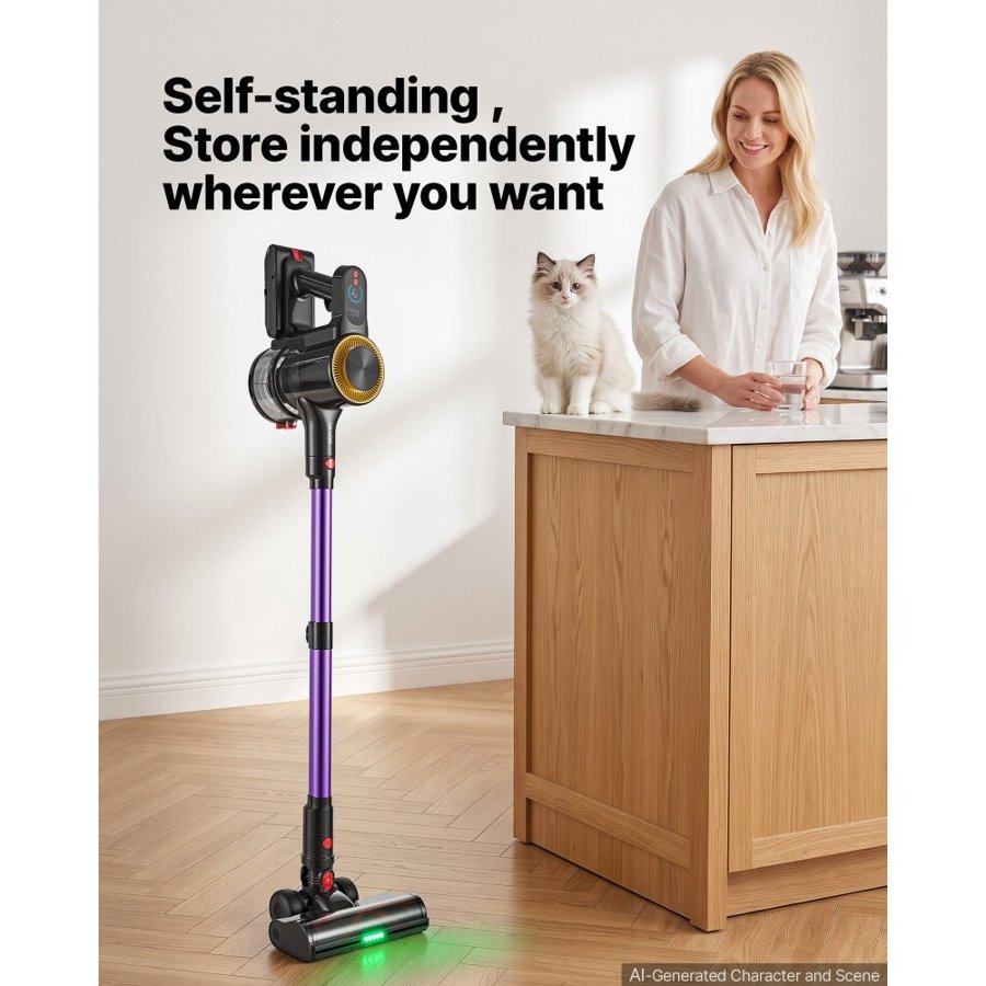 VEVOR Cordless Vacuum Cleaner 500W 50kPA Cordless Stick Vacuum Cleaner, For Home Hard Floor Carpet Pet Hair, 45-Min Runtime, Rechargeable, Lightweight Handheld, with LED Display, 5 Brush Heads