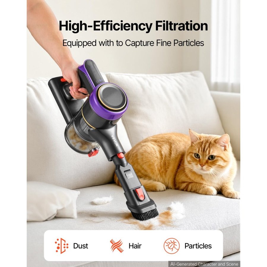 VEVOR Cordless Vacuum Cleaner 400W 40kPA Cordless Stick Vacuum Cleaner, For Home Hard Floor Carpet Pet Hair, 45-Min Runtime, Rechargeable, Lightweight Handheld, with LED Display, 4 Brush Heads