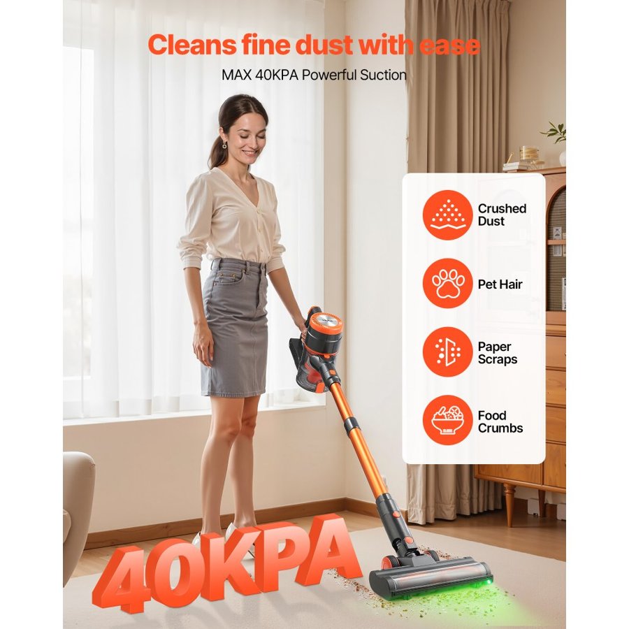 VEVOR Cordless Vacuum Cleaner, 40KPA Max Suction, Rechargeable Anti-Tangle Stick Vacuum with LED Display Screen, Lightweight Handheld Vac with 47mins Runtime for Home, Carpet, Pet Hair, Hard Floor