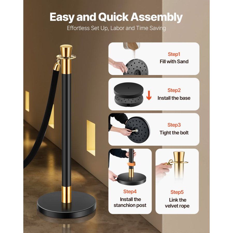 VEVOR Stanchion Post, 6 Pcs Crowd Control Barrier with 4 Black Velvet Ropes, 5 ft Stainless Steel Stanchion Post Queue with Sand Injection Hollow Base for Theater, Party, Wedding, Exhibition, Black