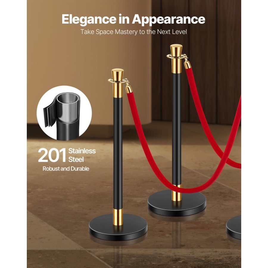 VEVOR Stanchion Post, 6 Pcs Crowd Control Barrier with 4 Red Velvet Ropes, 5 ft Stainless Steel Black Stanchion Post Queue with Sand Injection Hollow Base for Theater, Party, Wedding, Exhibition