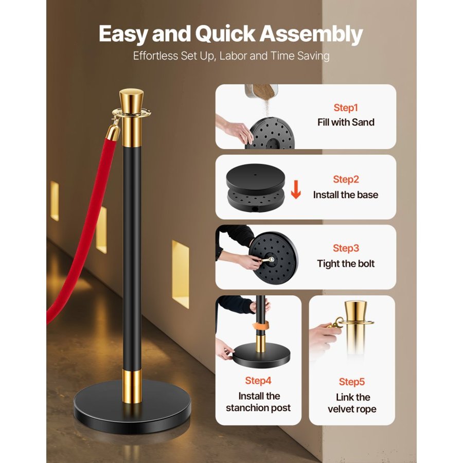 VEVOR Stanchion Post, 6 Pcs Crowd Control Barrier with 4 Red Velvet Ropes, 5 ft Stainless Steel Black Stanchion Post Queue with Sand Injection Hollow Base for Theater, Party, Wedding, Exhibition