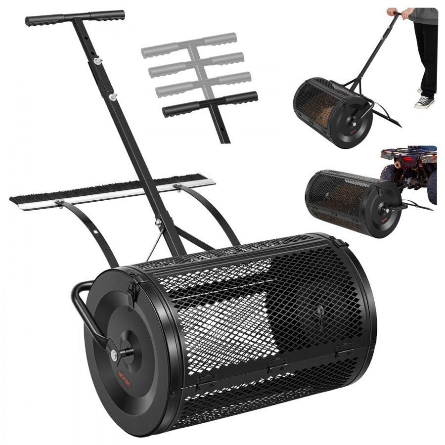 VEVOR Compost Spreader, 24" Wide Peat Moss Spreader with Push/Tow Handle & Brush, 4 Heights Adjustable, Powder-Coated Steel Garden Peat Moss Roller, Heavy Duty Grass Seed Roller for Planting Seeding