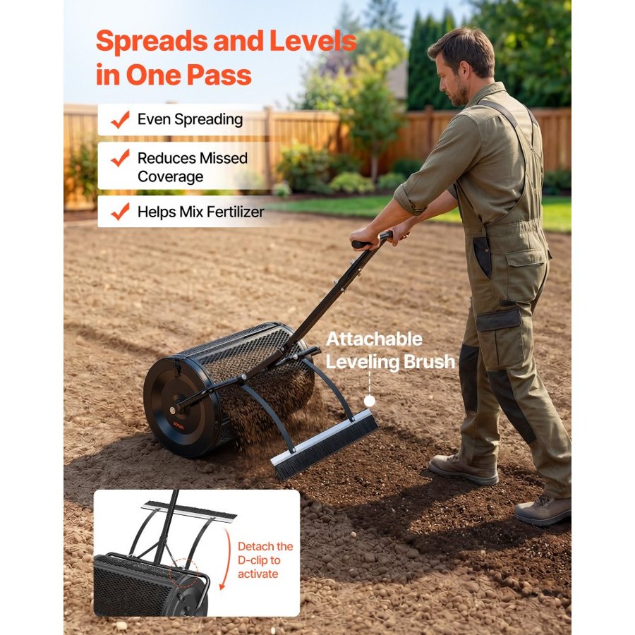VEVOR Compost Spreader, 24" Wide Peat Moss Spreader with Push/Tow Handle & Brush, 4 Heights Adjustable, Powder-Coated Steel Garden Peat Moss Roller, Heavy Duty Grass Seed Roller for Planting Seeding