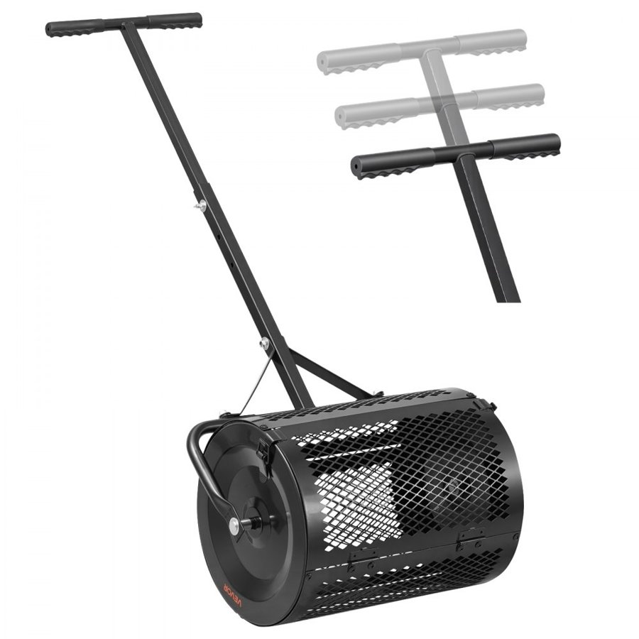VEVOR Compost Spreader, 42 cm Wide Peat Moss Spreader with T Shaped Handle, 3 Heights Adjustable, Powder-Coated Steel Garden Peat Moss Roller, Heavy Duty Grass Seed Roller for Planting Seeding, Black