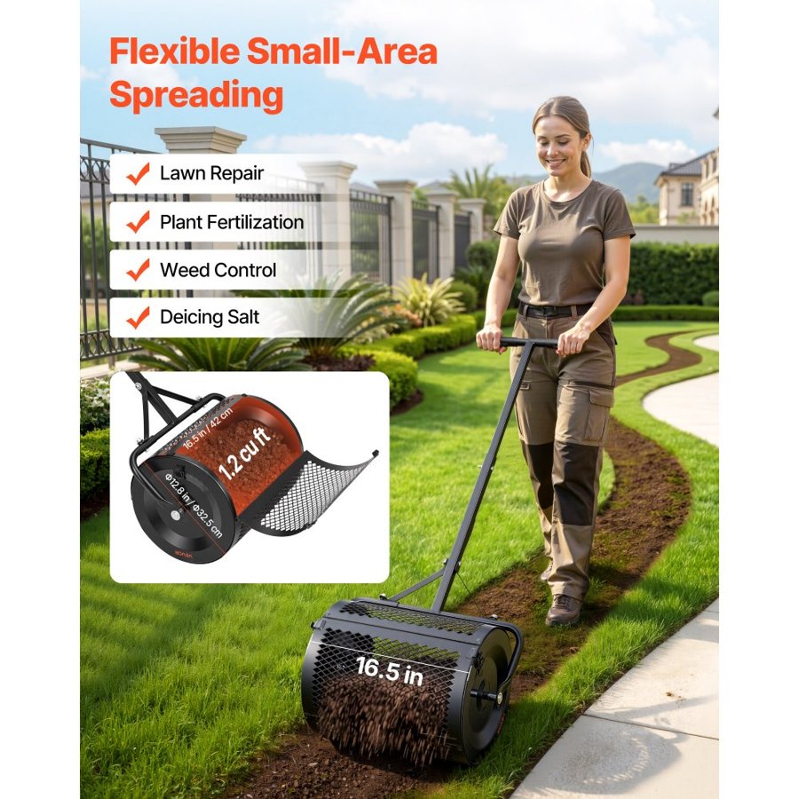 VEVOR Compost Spreader, 42 cm Wide Peat Moss Spreader with T Shaped Handle, 3 Heights Adjustable, Powder-Coated Steel Garden Peat Moss Roller, Heavy Duty Grass Seed Roller for Planting Seeding, Black