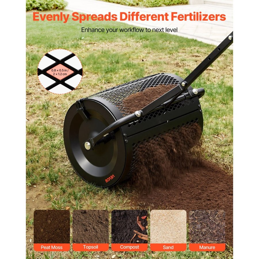 VEVOR Compost Spreader, 42 cm Wide Peat Moss Spreader with T Shaped Handle, 3 Heights Adjustable, Powder-Coated Steel Garden Peat Moss Roller, Heavy Duty Grass Seed Roller for Planting Seeding, Black