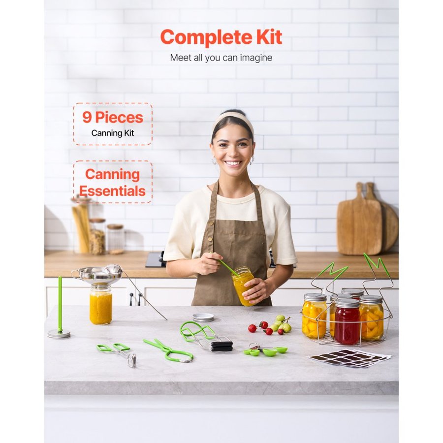 VEVOR Canning Supplies Starter Kit, 9 Pieces Stainless Steel Water Bath Canning Kit for Beginners, Canning Tools Set: Rack, Ladle, Measuring Spoon, Funnel, Tongs, Jar Lifter, Jar Wrench