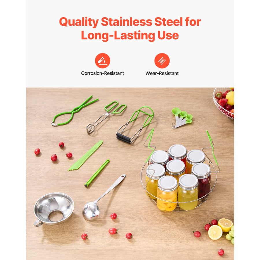 VEVOR Canning Supplies Starter Kit, 9 Pieces Stainless Steel Water Bath Canning Kit for Beginners, Canning Tools Set: Rack, Ladle, Measuring Spoon, Funnel, Tongs, Jar Lifter, Jar Wrench