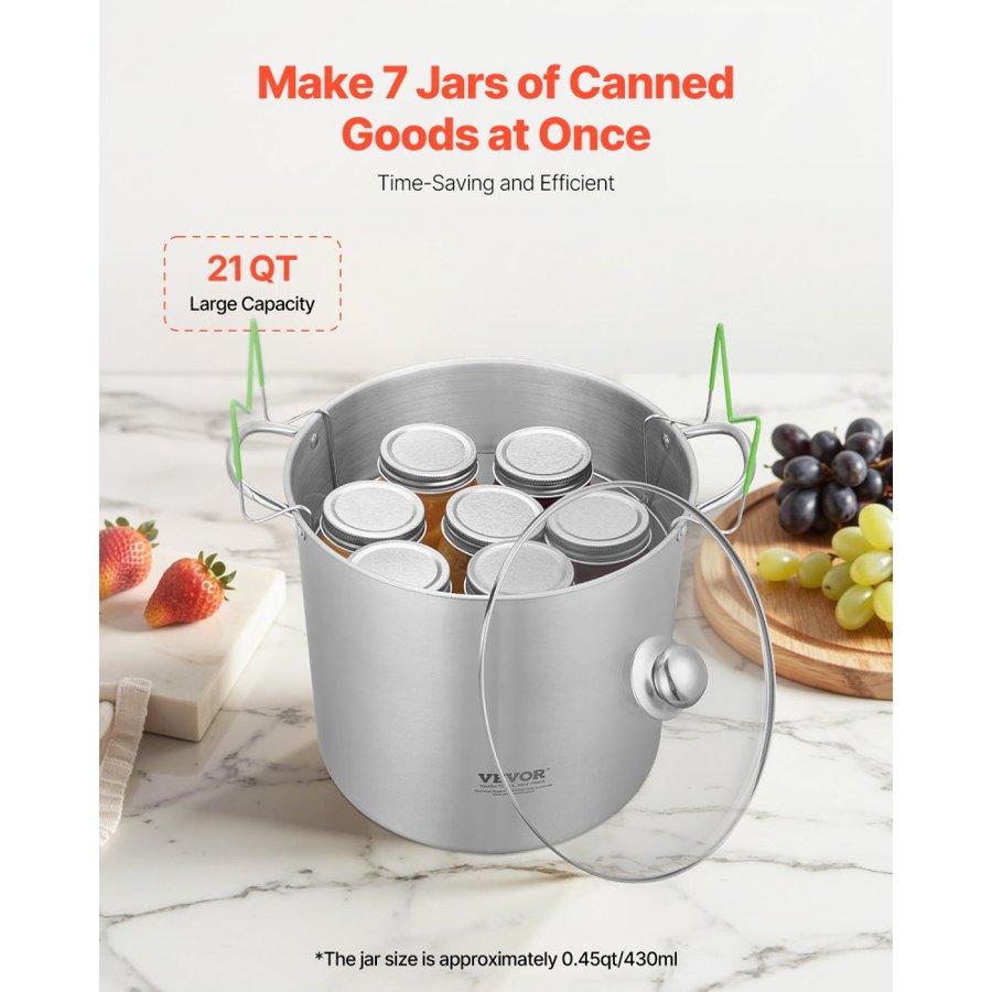 VEVOR 21 QT Canning Pot with Rack and Lid, Stainless Steel Waterbath Canner with Dual Handle and Glass Lid, Compatible with All Cooktops: Induction, Gas, Electric, Glass, Ceramic, Halogen