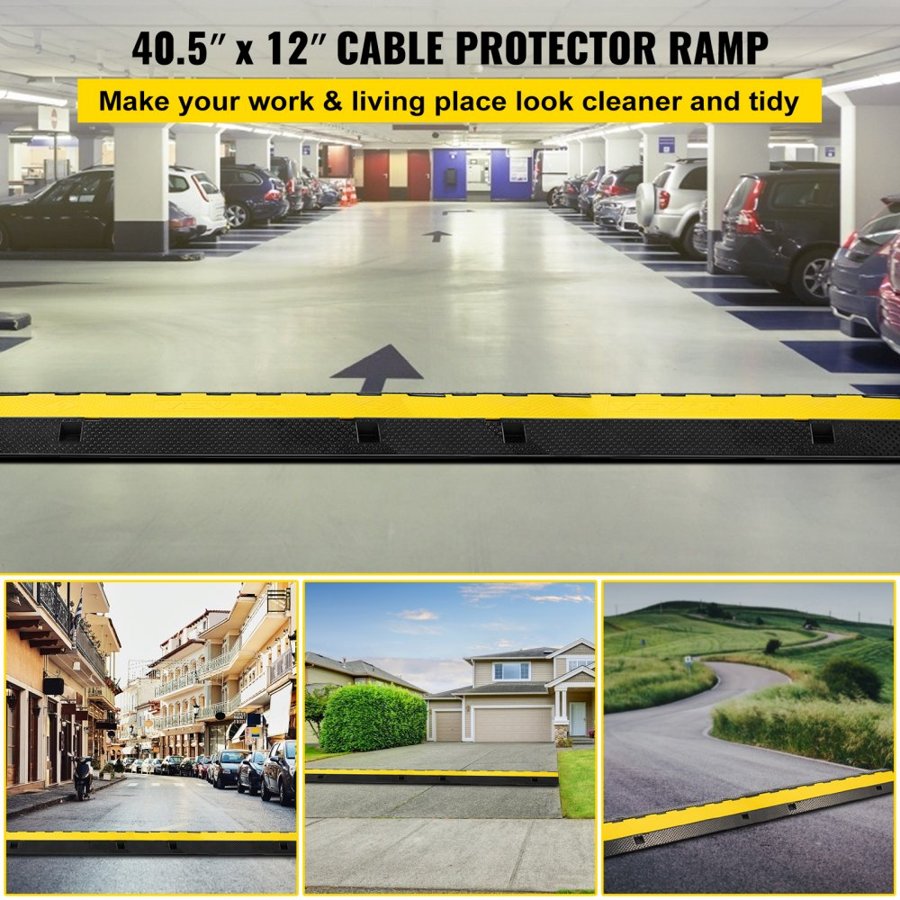 VEVOR 3 Channel Rubber Cable Protector Ramp 103x30x5.5 cm Heavy Duty Cable Wire Cord Cover Ramp Speed Bump Driveway Hose Cable Ramp Protector