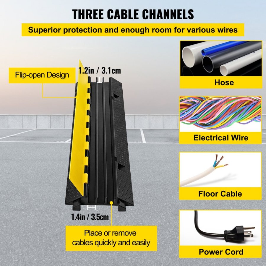VEVOR 3 Channel Rubber Cable Protector Ramp 103x30x5.5 cm Heavy Duty Cable Wire Cord Cover Ramp Speed Bump Driveway Hose Cable Ramp Protector