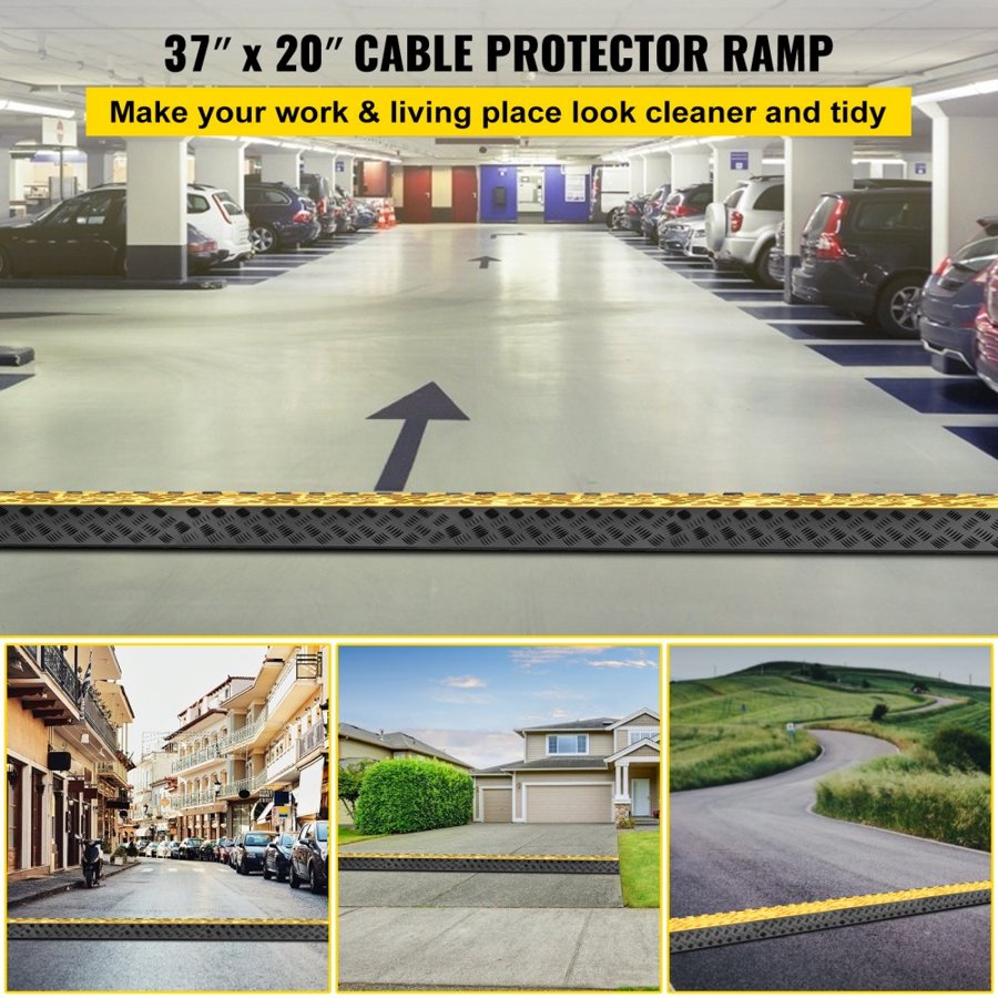 VEVOR 3 Channel Rubber Cable Protector Ramp 94.5x50x8 cm Heavy Duty Cable Wire Cord Cover Ramp Speed Bump Driveway Hose Cable Ramp Protective Cover