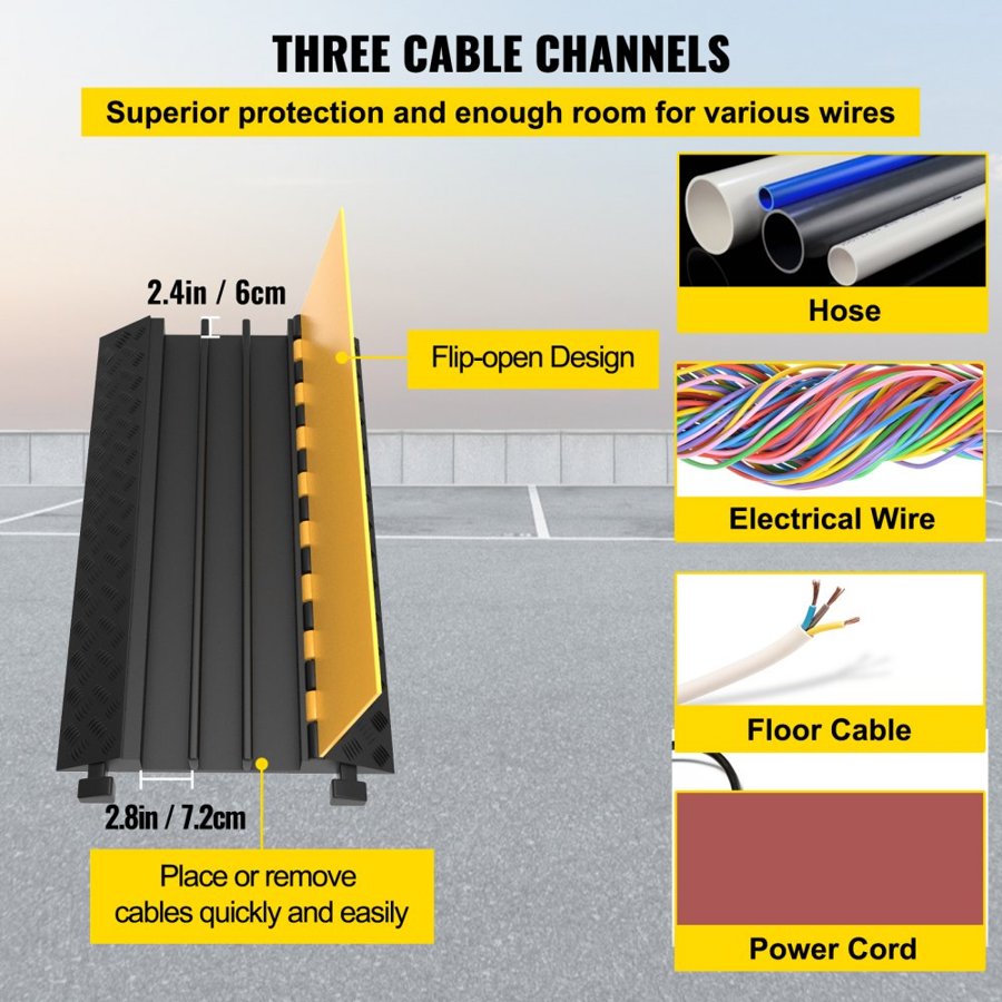 VEVOR 3 Channel Rubber Cable Protector Ramp 94.5x50x8 cm Heavy Duty Cable Wire Cord Cover Ramp Speed Bump Driveway Hose Cable Ramp Protective Cover