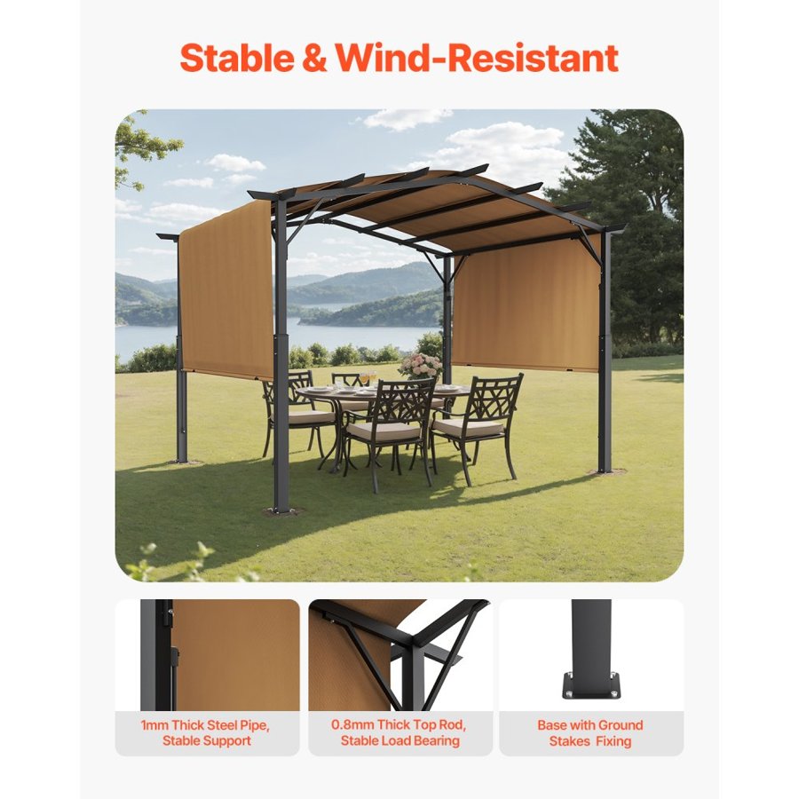 VEVOR 10 x 10 ft Outdoor Pergola, Arched Top Metal Pergola, Retractable Pergola with Sun Shade Canopy,  Large Patio Shelter Pavilion, Heavy Duty Garden Pergola for Deck Backyard Porch Poolside
