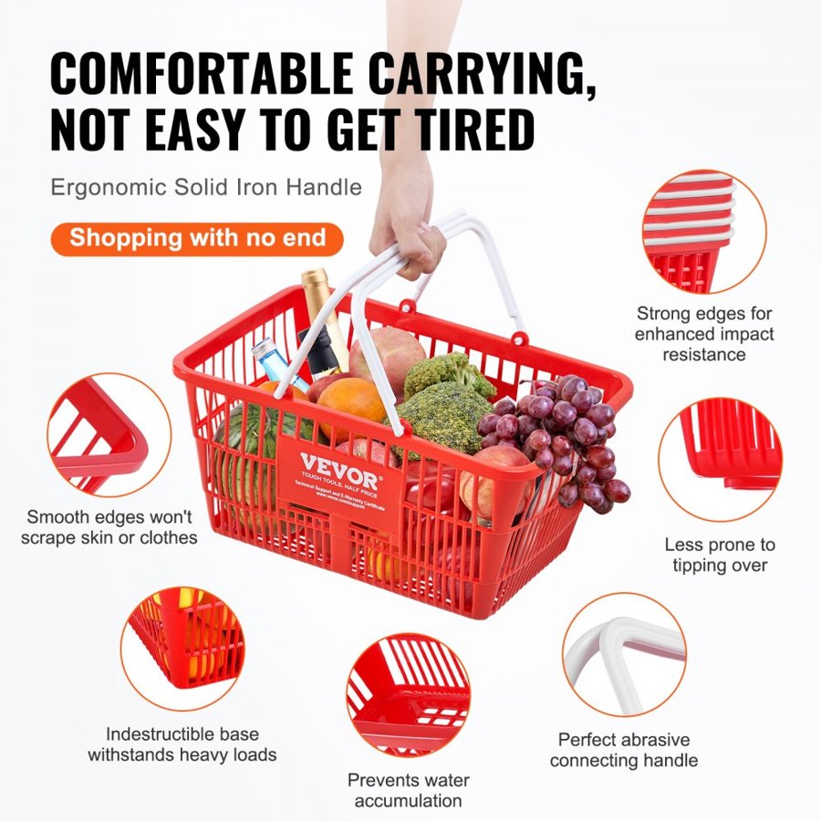 VEVOR Shopping Basket, Set of 20, 21L Durable Plastic Grocery Basket with Handle and Stand, 16.5 x 11.8 x 8.27 inch Portable Shop Basket Bulk Used for Retail Store Supermarket Grocery Shopping, Red