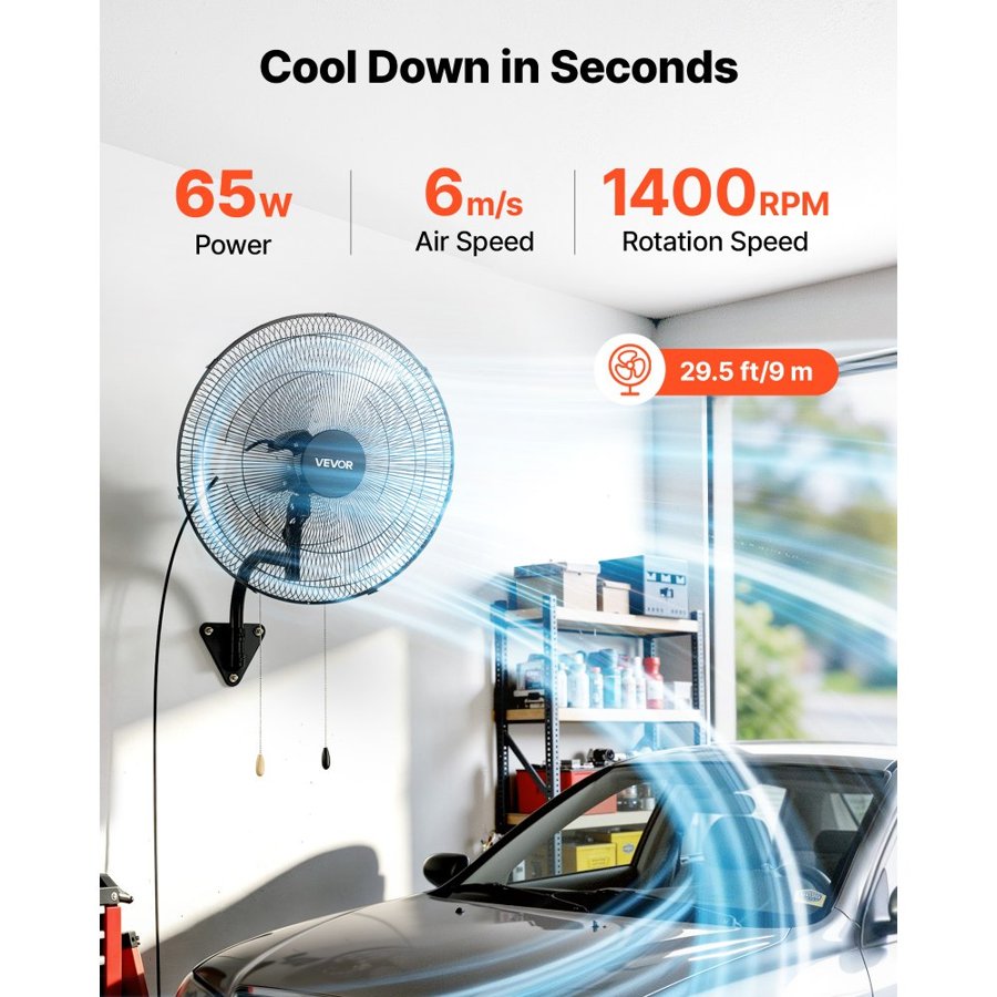 VEVOR Wall Mount Fan, 500mm Wall Mounted Hanging Fan Oscillating, 3-Speed, Long Airflow Distance, Adjustable Rotation Angle, Mechanical Powerful for Industry, Commercial, Garage, Workshop, Gym, Black